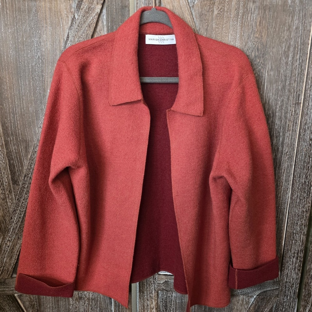 Marisa Christina Sweater Womens Size Medium Orange Open Front Cardigan 100% Wool